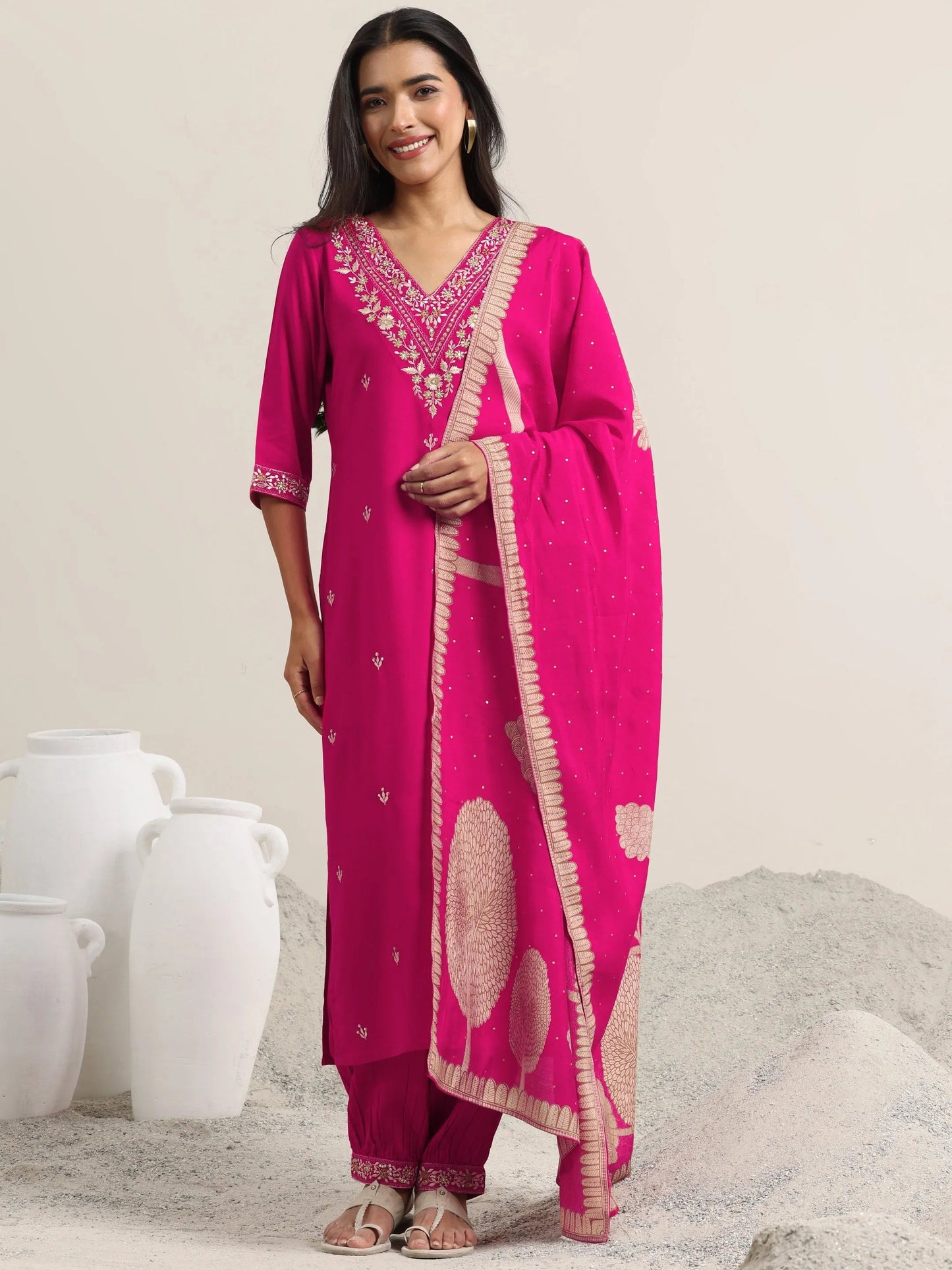 Pink Embroidered Rayon Straight Suit With Dupatta