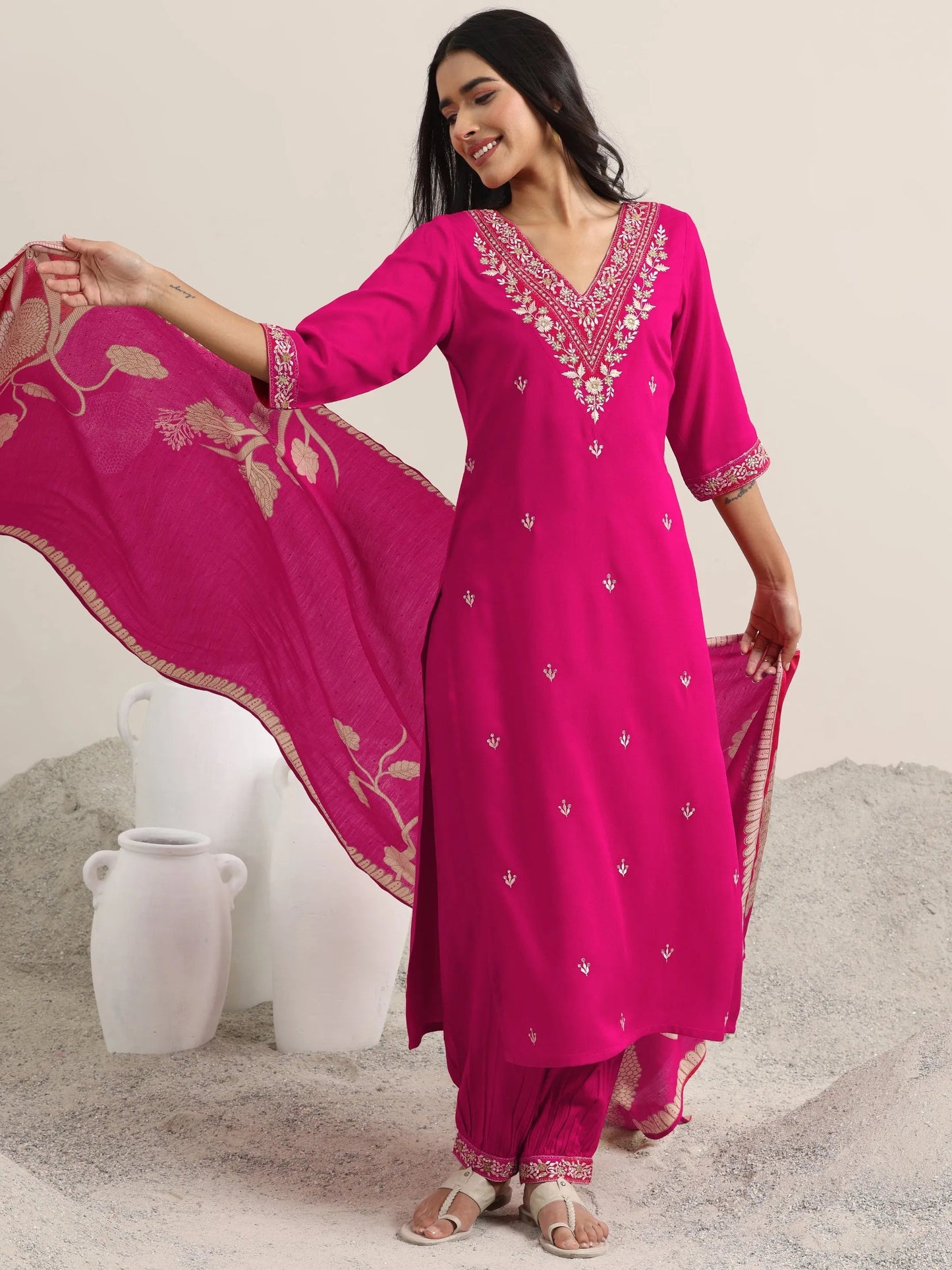 Pink Embroidered Rayon Straight Suit With Dupatta