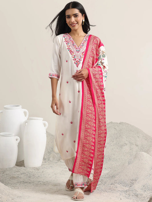 White Embroidered Rayon Straight Suit With Dupatta