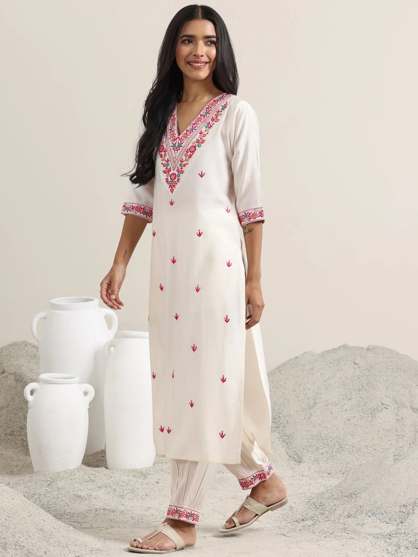 White Embroidered Rayon Straight Suit With Dupatta