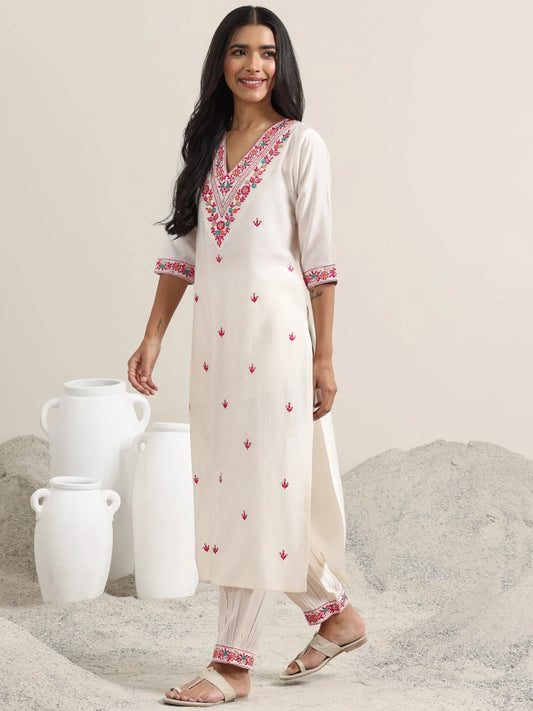White Embroidered Rayon Straight Suit With Dupatta