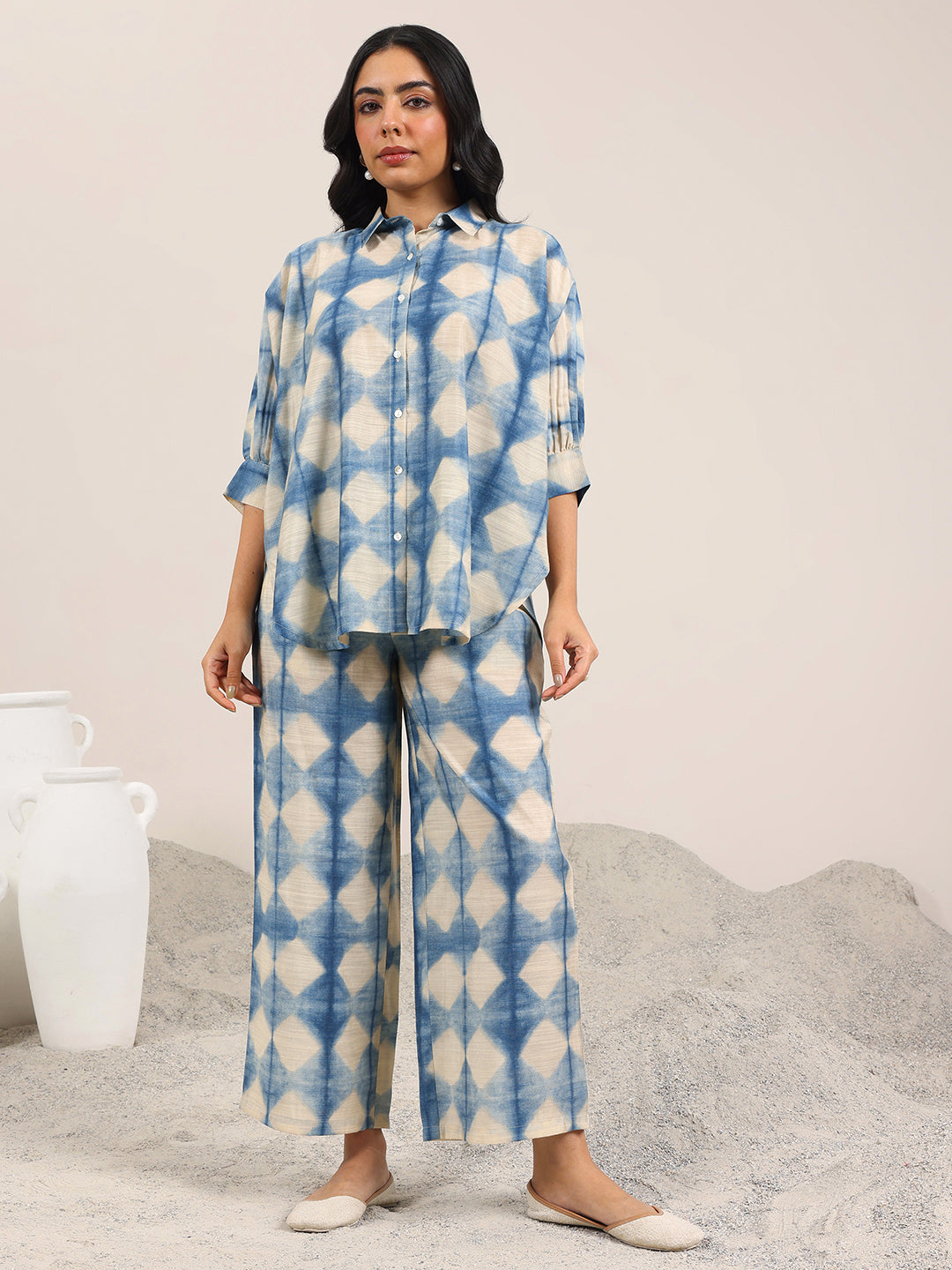 Blue Printed Silk Blend Co-Ord Sets