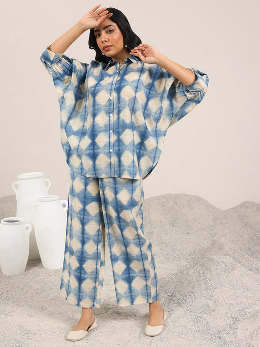 Blue Printed Silk Blend Co-Ord Sets