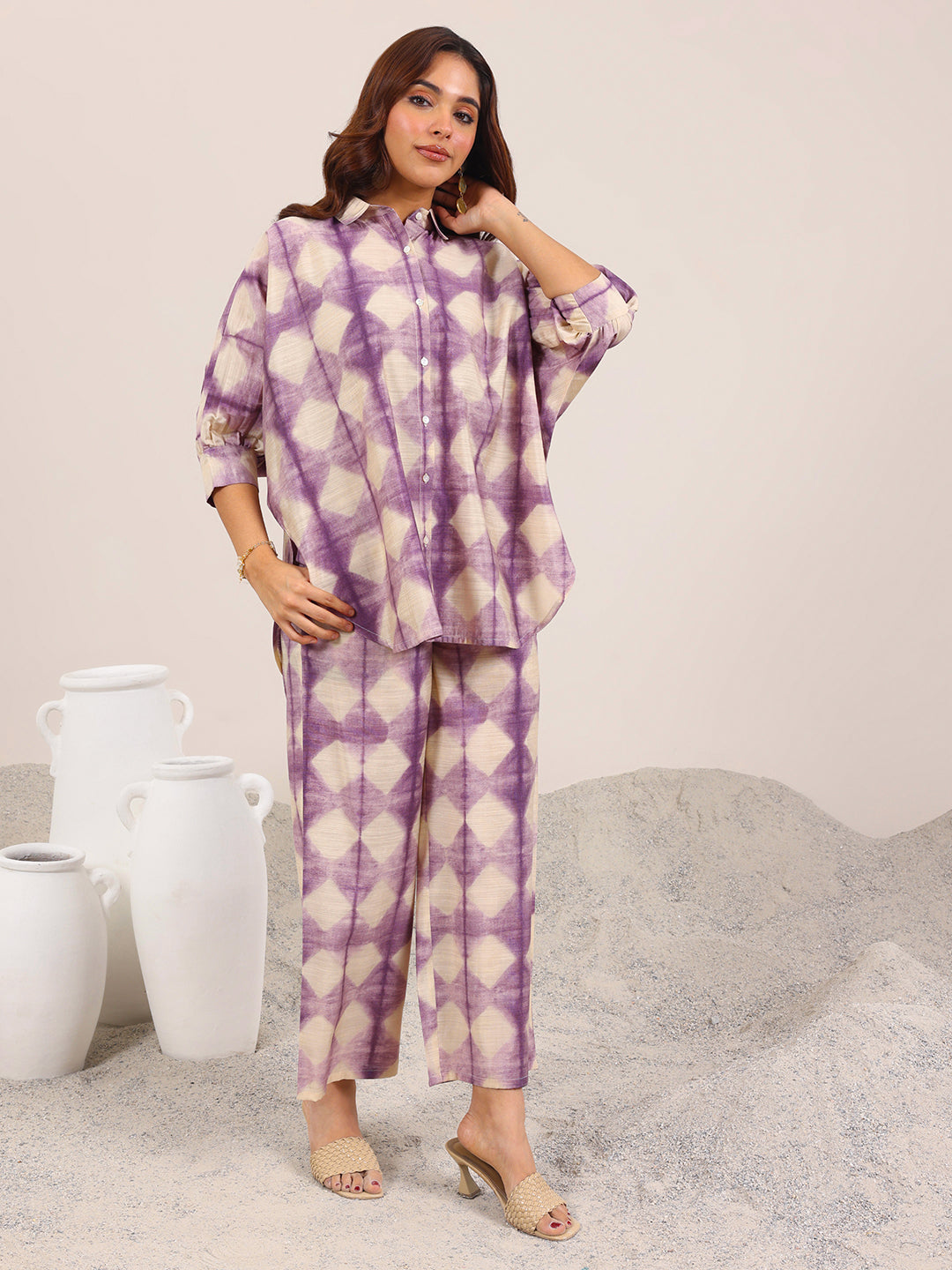 Purple Printed Silk Blend Co-Ord Sets