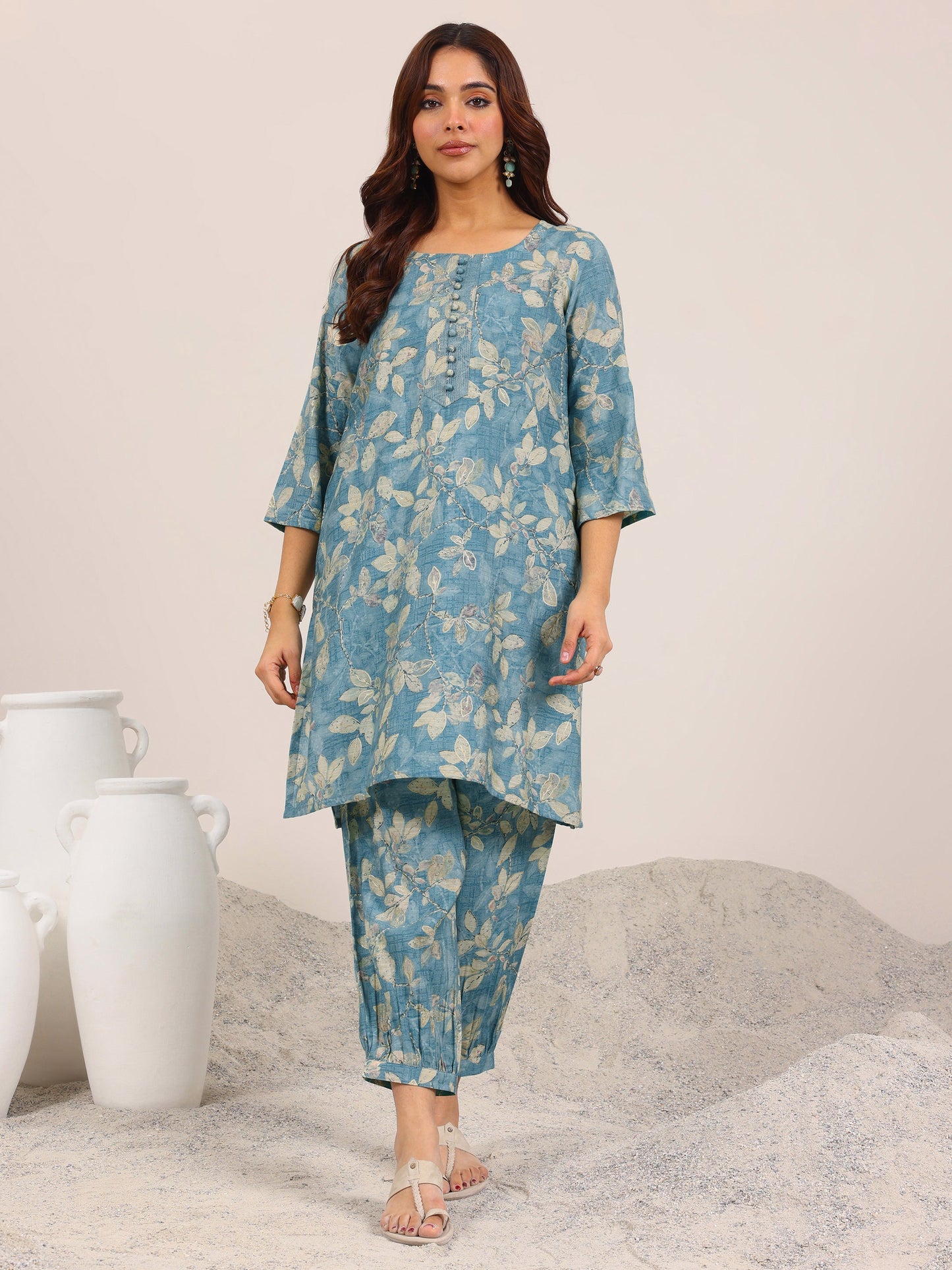 Blue Printed Silk Blend Co-Ord Sets