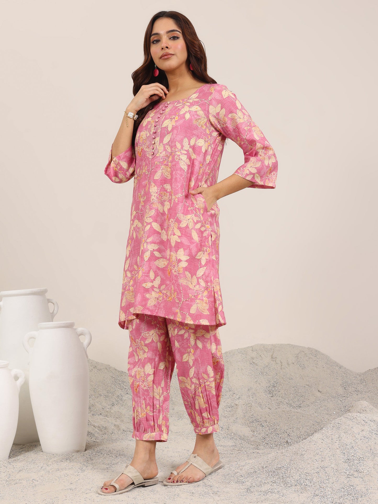 Pink Printed Silk Blend Co-Ord Sets