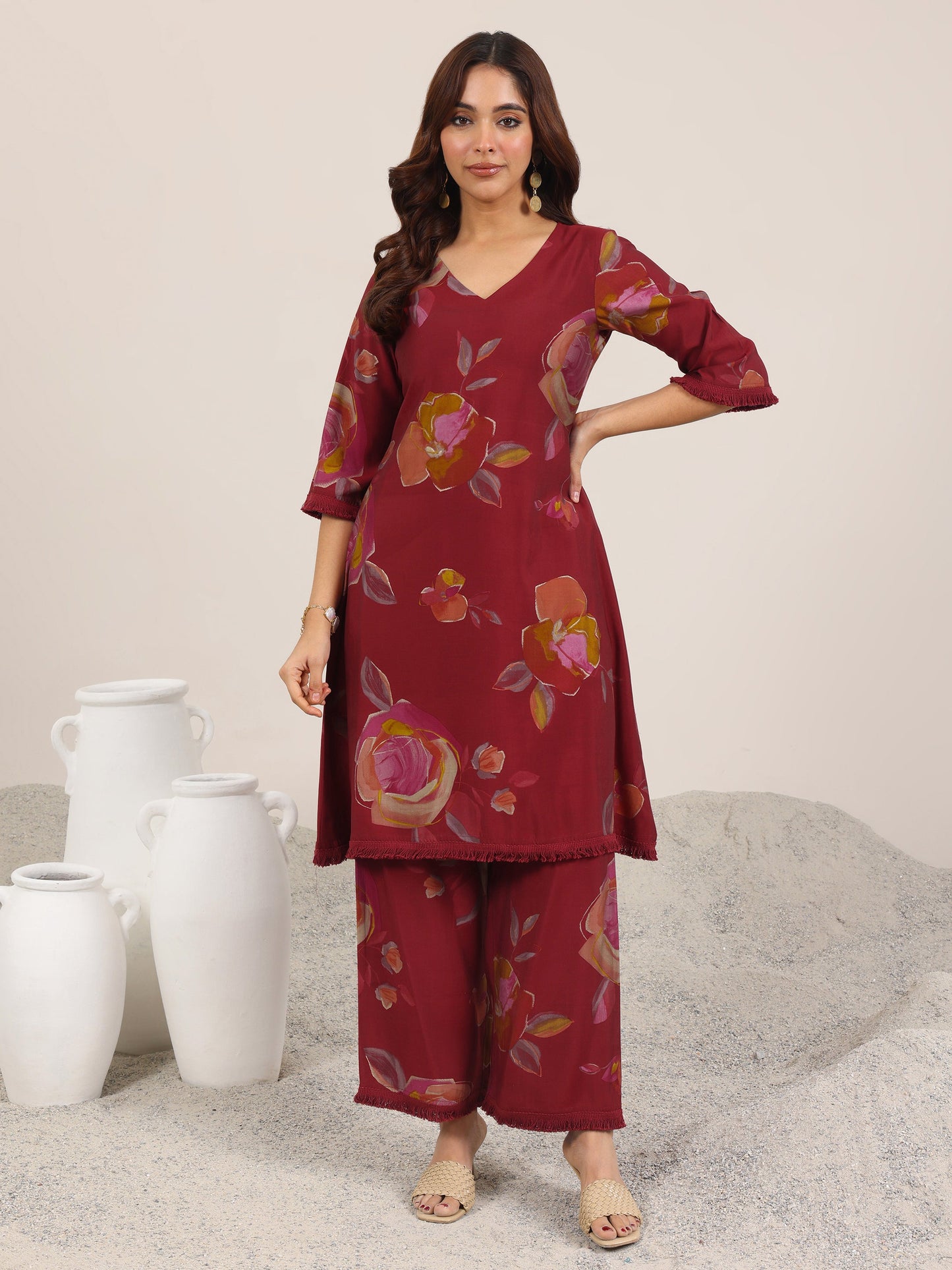 Maroon Printed Silk Blend A-Line Kurta Set