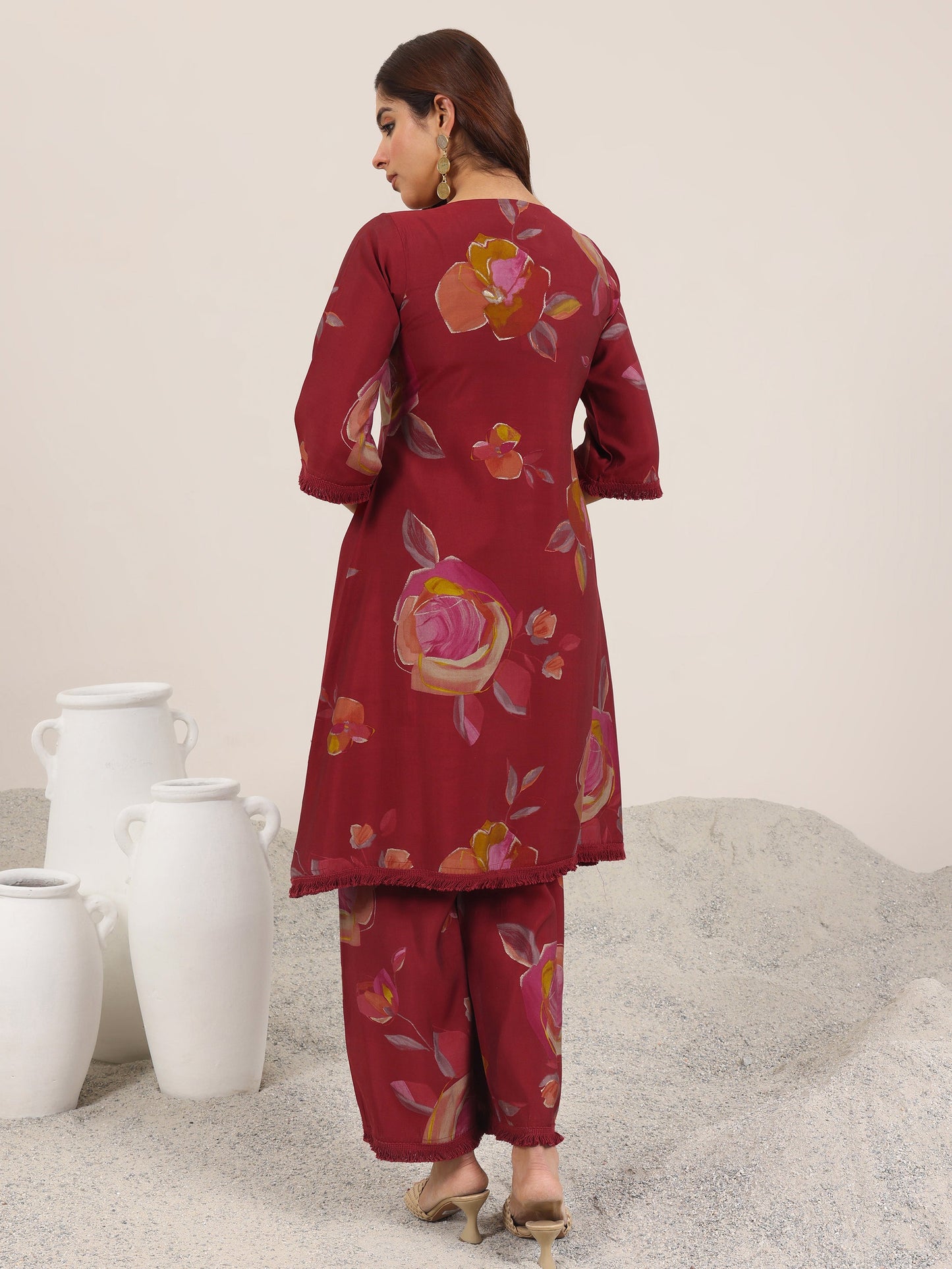 Maroon Printed Silk Blend A-Line Kurta Set