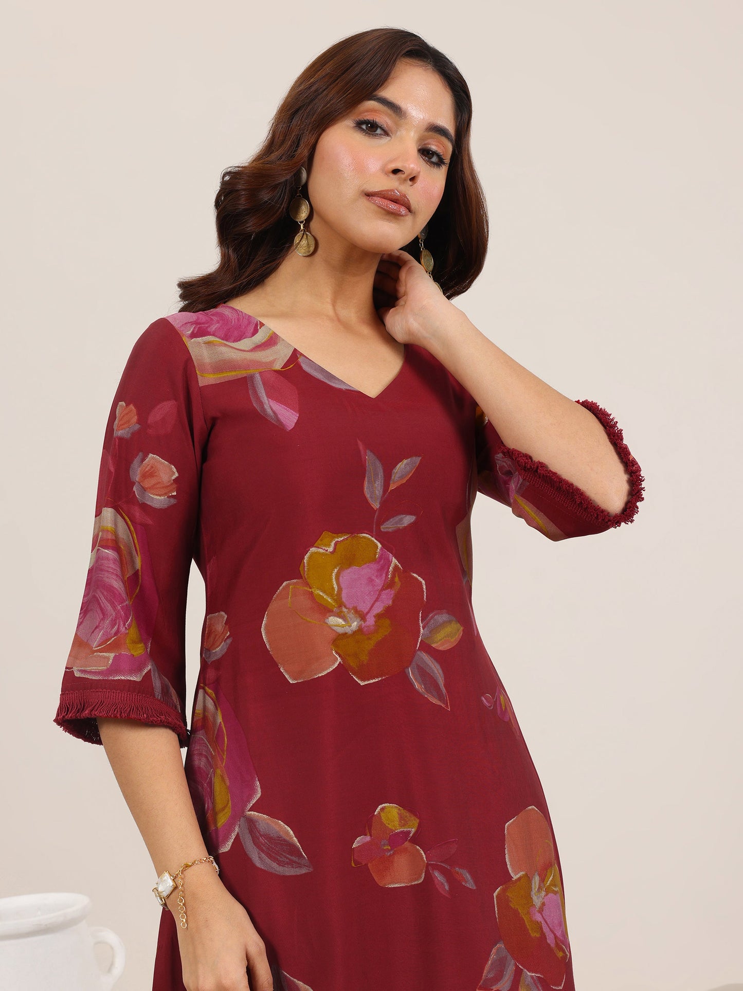Maroon Printed Silk Blend A-Line Kurta Set