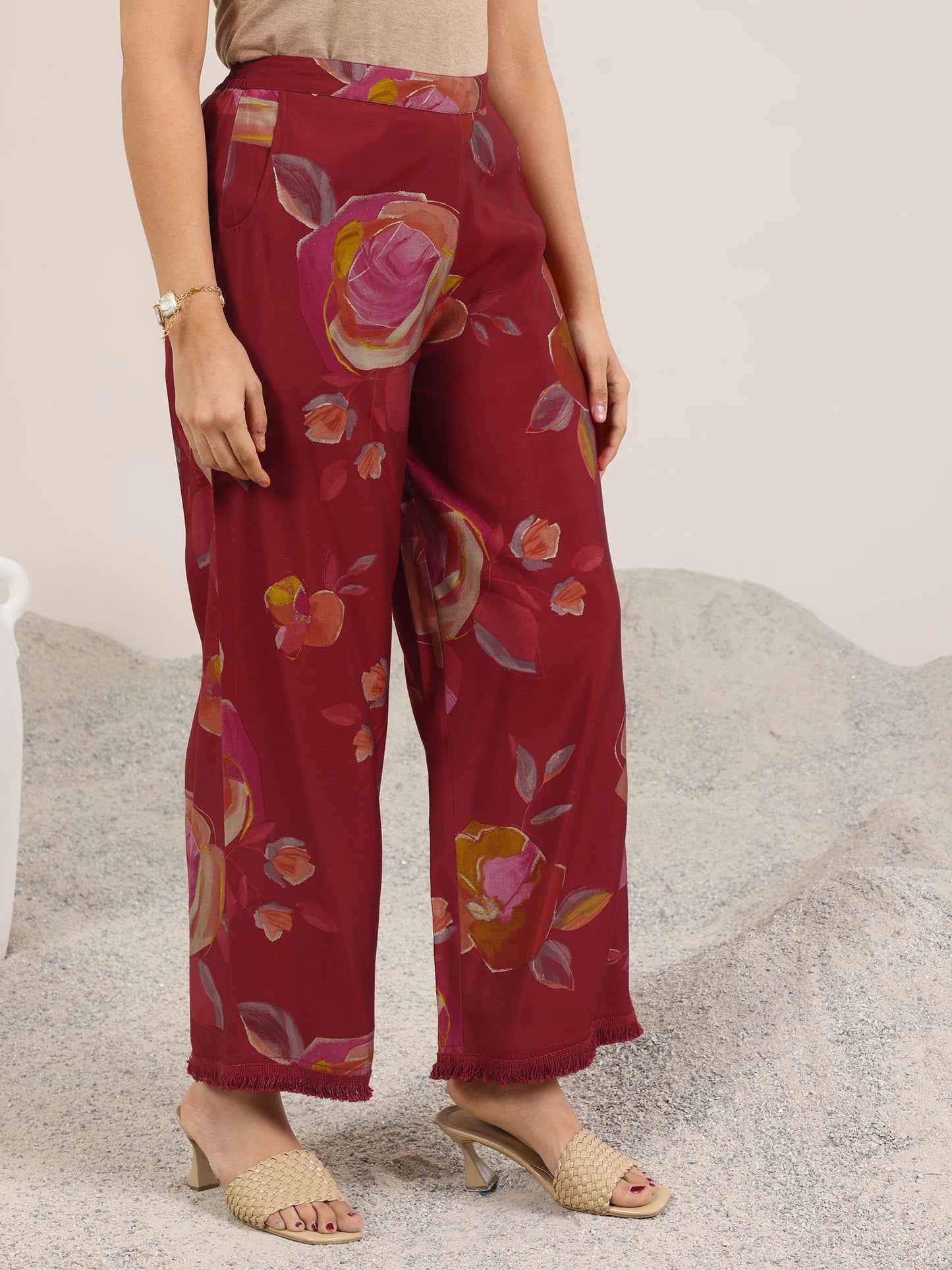 Maroon Printed Silk Blend A-Line Kurta Set