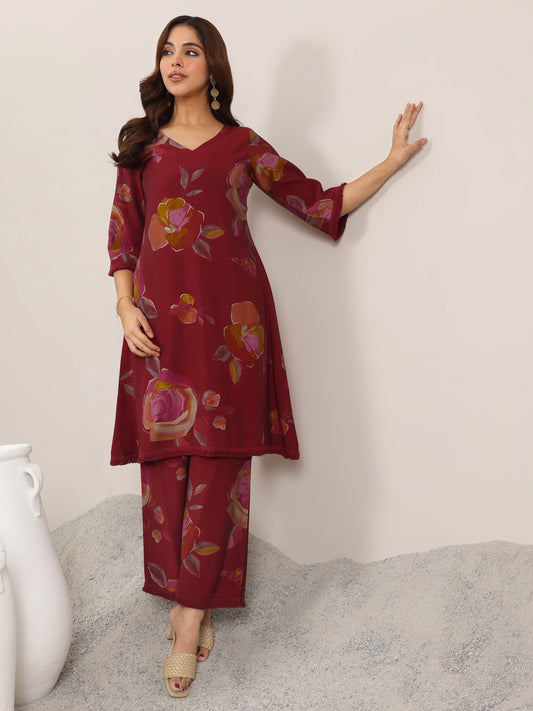 Maroon Printed Silk Blend A-Line Kurta Set
