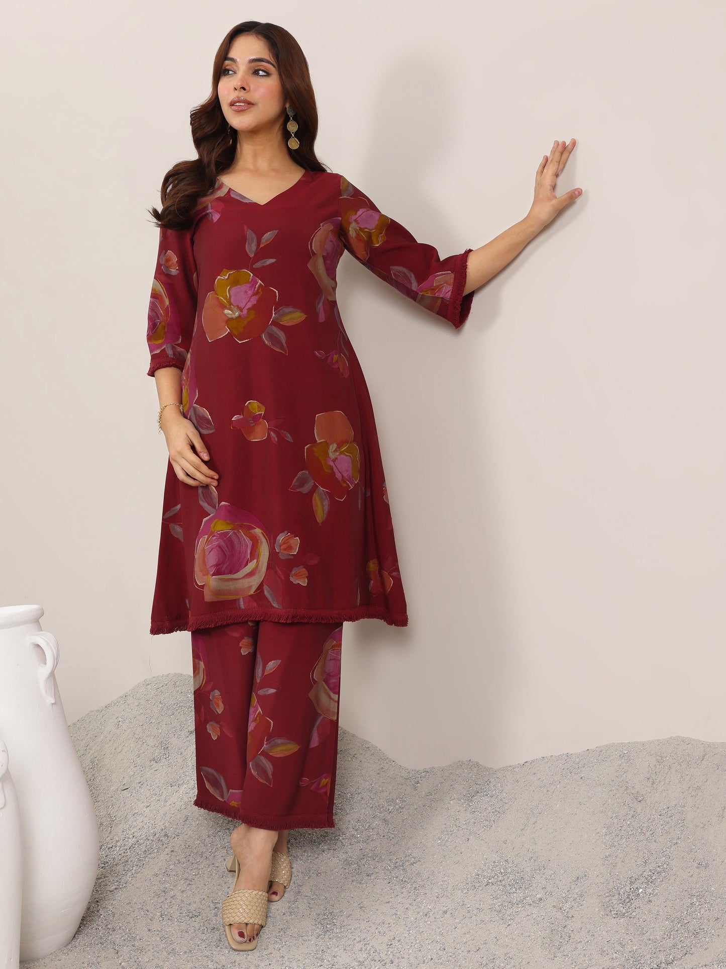Maroon Printed Silk Blend A-Line Kurta Set