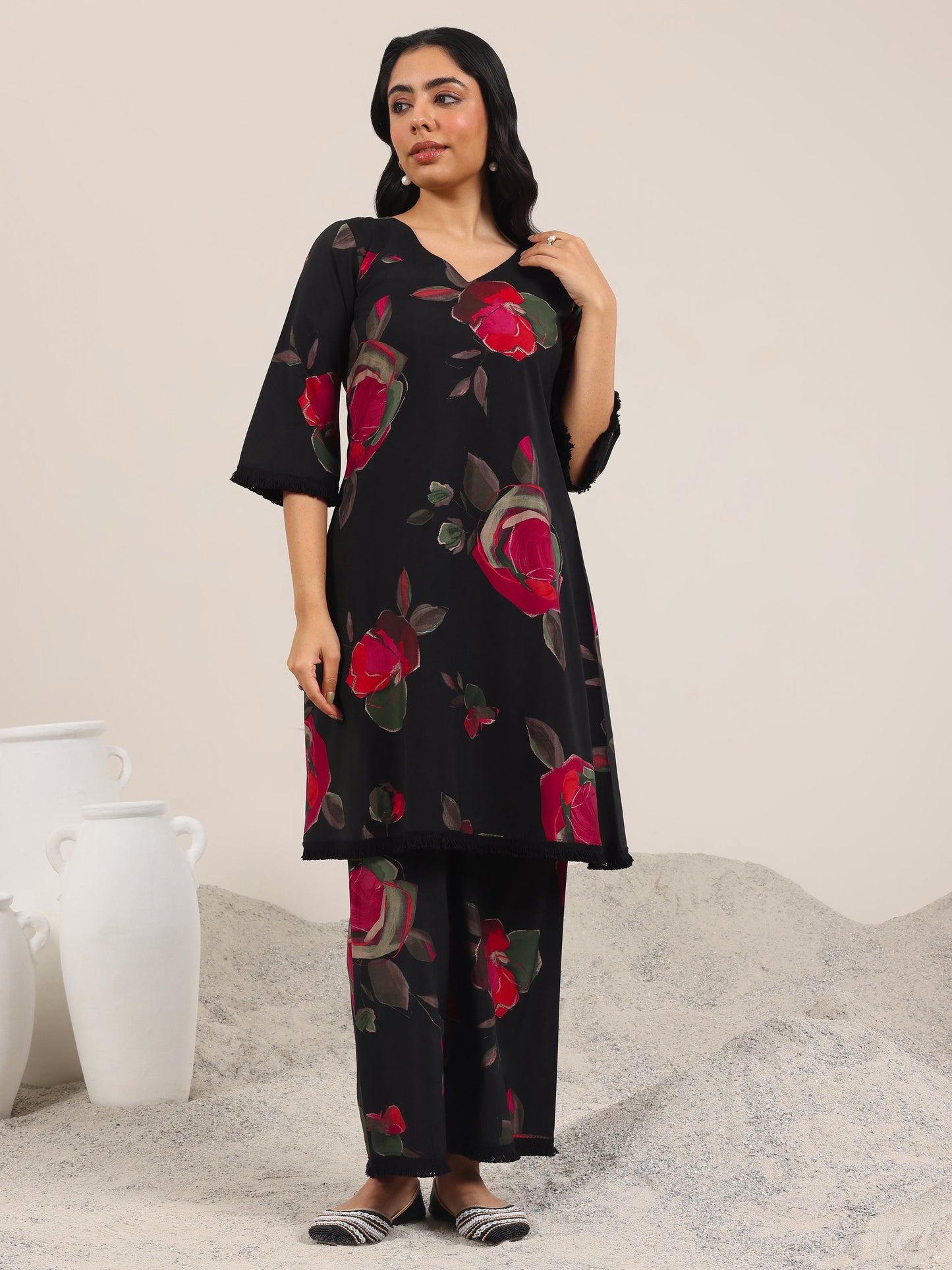 Black Printed Silk Blend A-Line Kurta Set