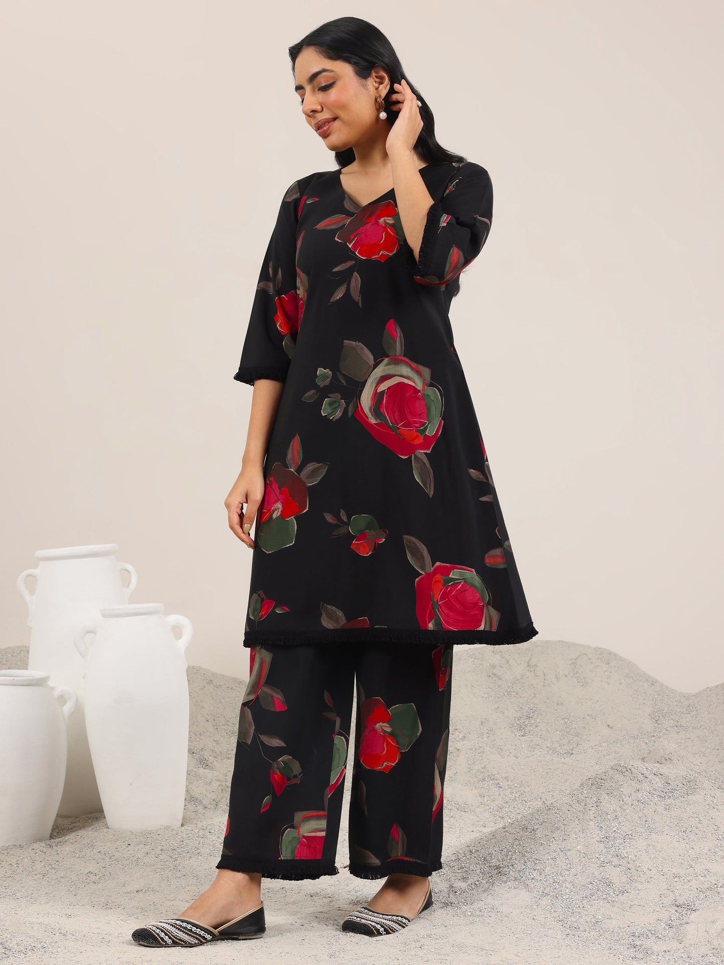 Black Printed Silk Blend A-Line Kurta Set