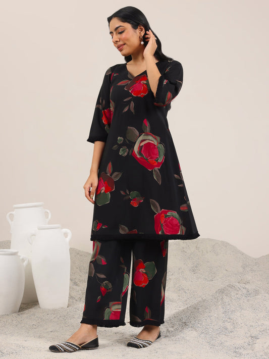 Black Printed Silk Blend A-Line Kurta Set