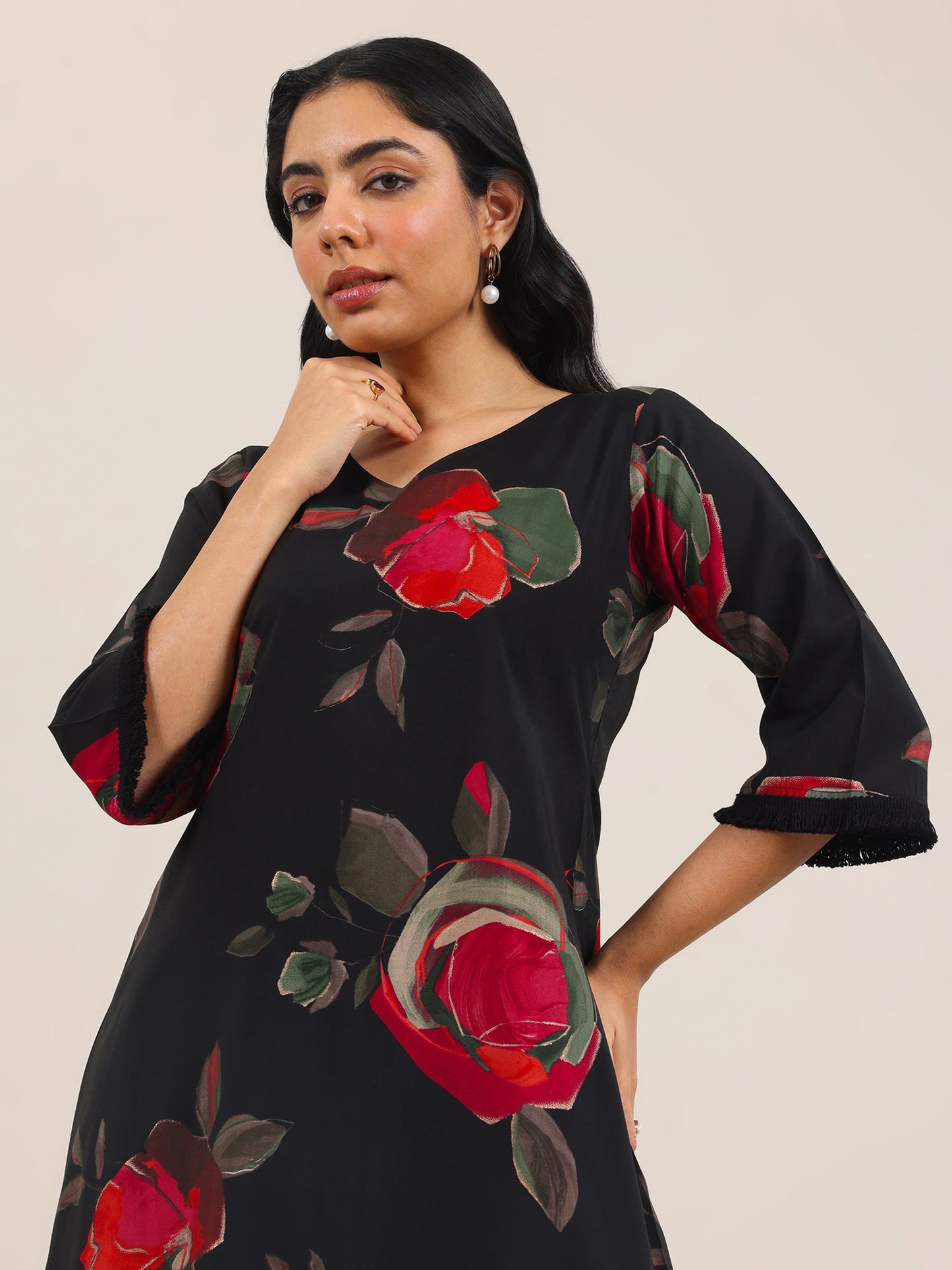 Black Printed Silk Blend A-Line Kurta Set