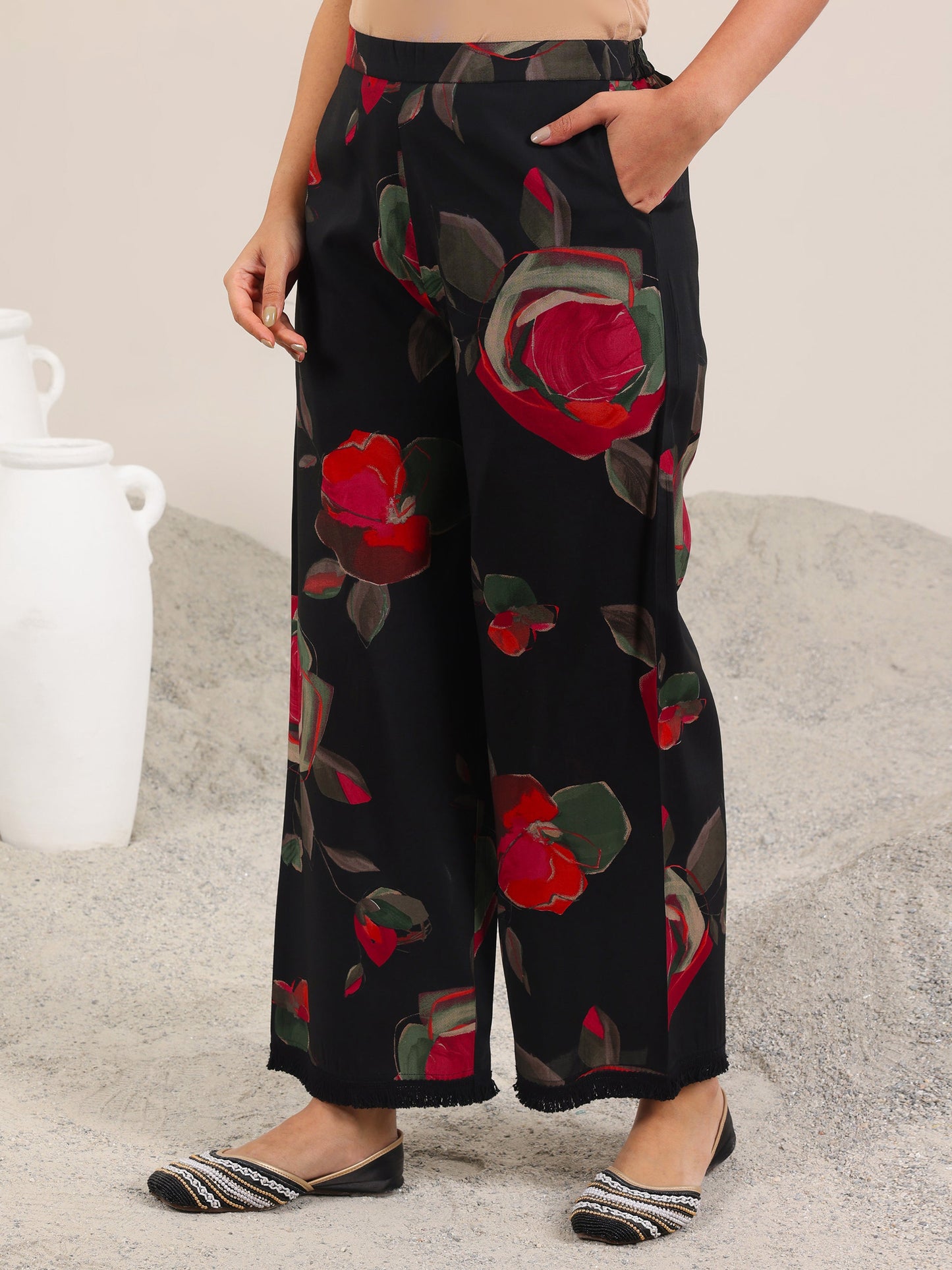 Black Printed Silk Blend A-Line Kurta Set