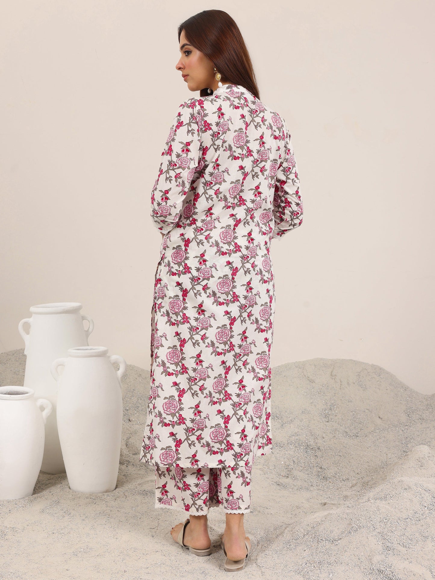 Off White Printed Pure Cotton Straight Kurta Set