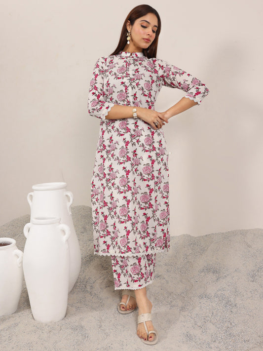 Off White Printed Pure Cotton Straight Kurta Set