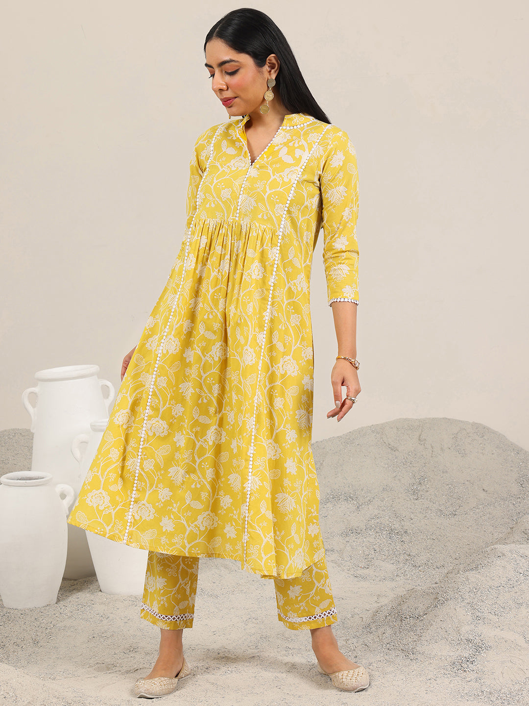 Yellow Printed Pure Cotton Straight Kurta Set