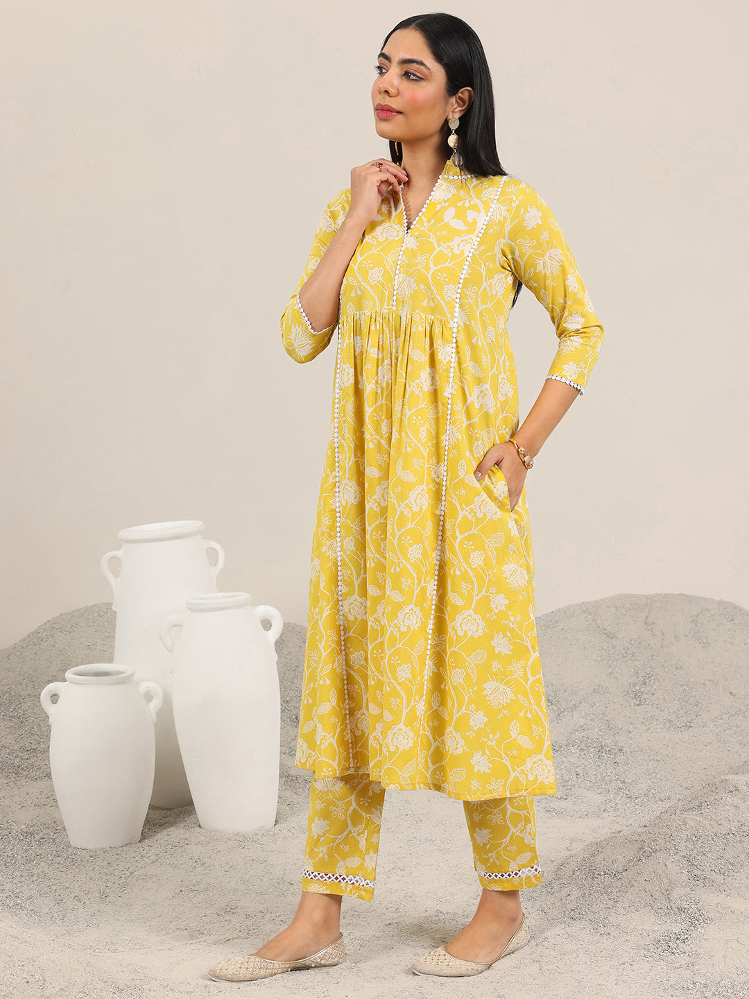 Yellow Printed Pure Cotton Straight Kurta Set
