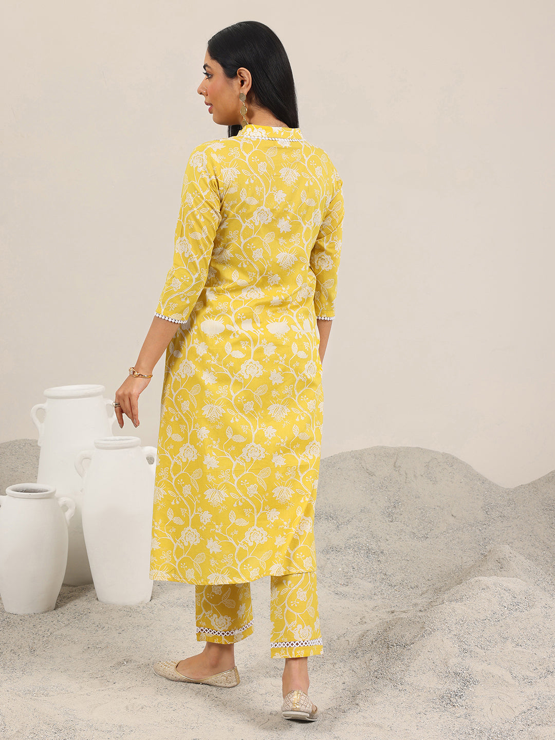 Yellow Printed Pure Cotton Straight Kurta Set