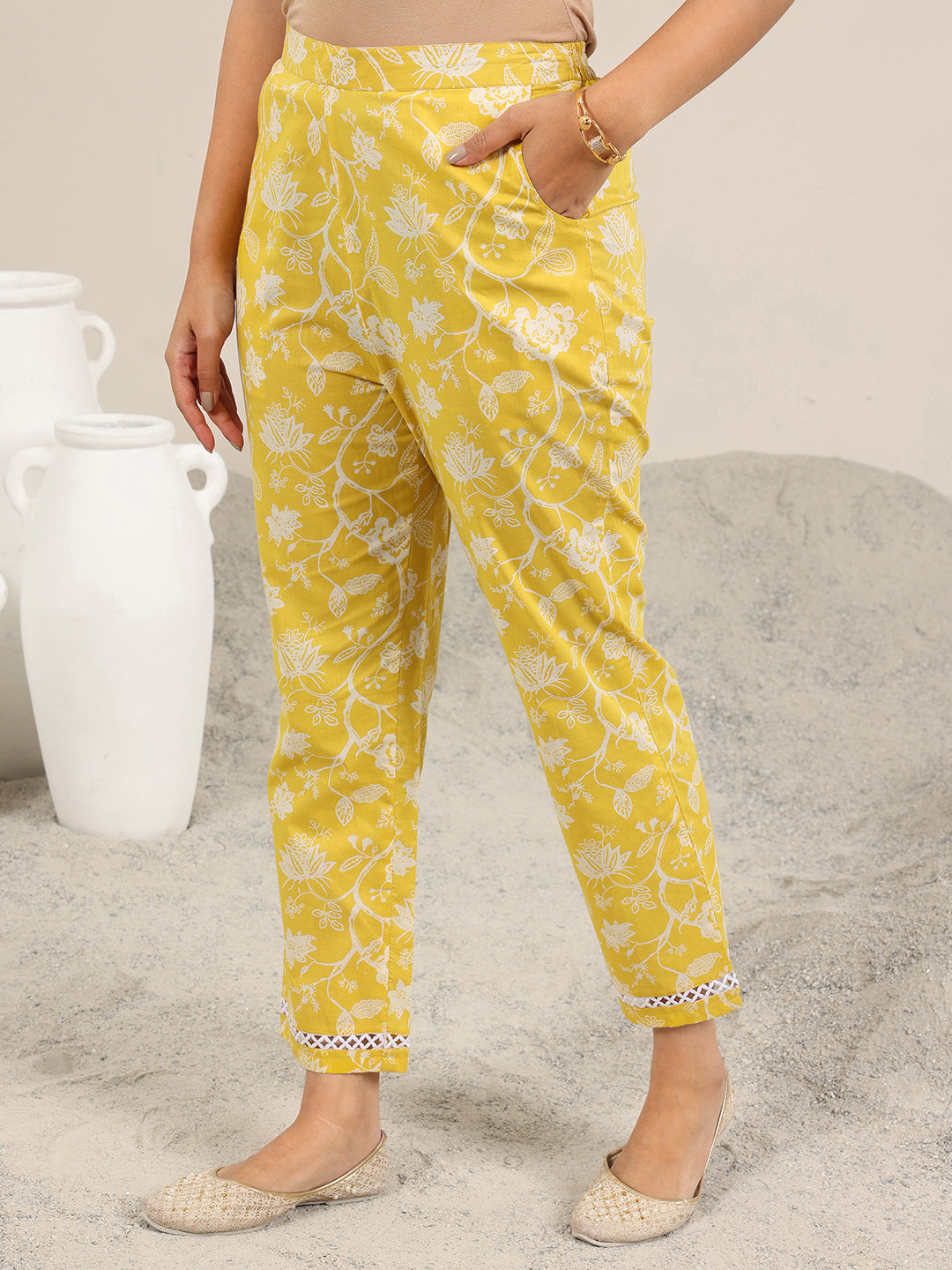 Yellow Printed Pure Cotton Straight Kurta Set