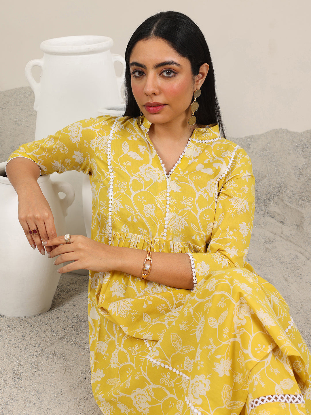 Yellow Printed Pure Cotton Straight Kurta Set