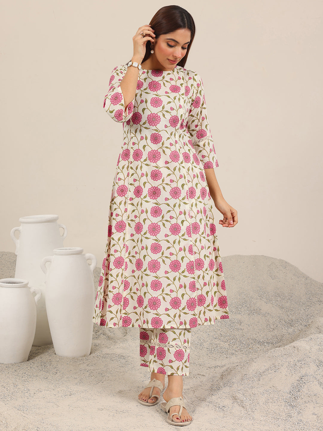 Off White Printed Pure Cotton Straight Kurta Set