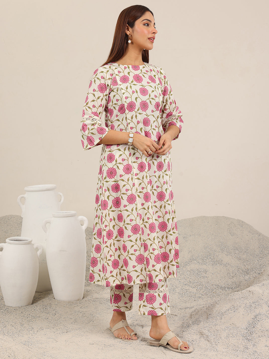 Off White Printed Pure Cotton Straight Kurta Set
