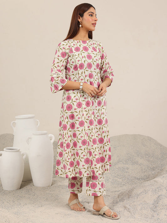 Off White Printed Pure Cotton Straight Kurta Set