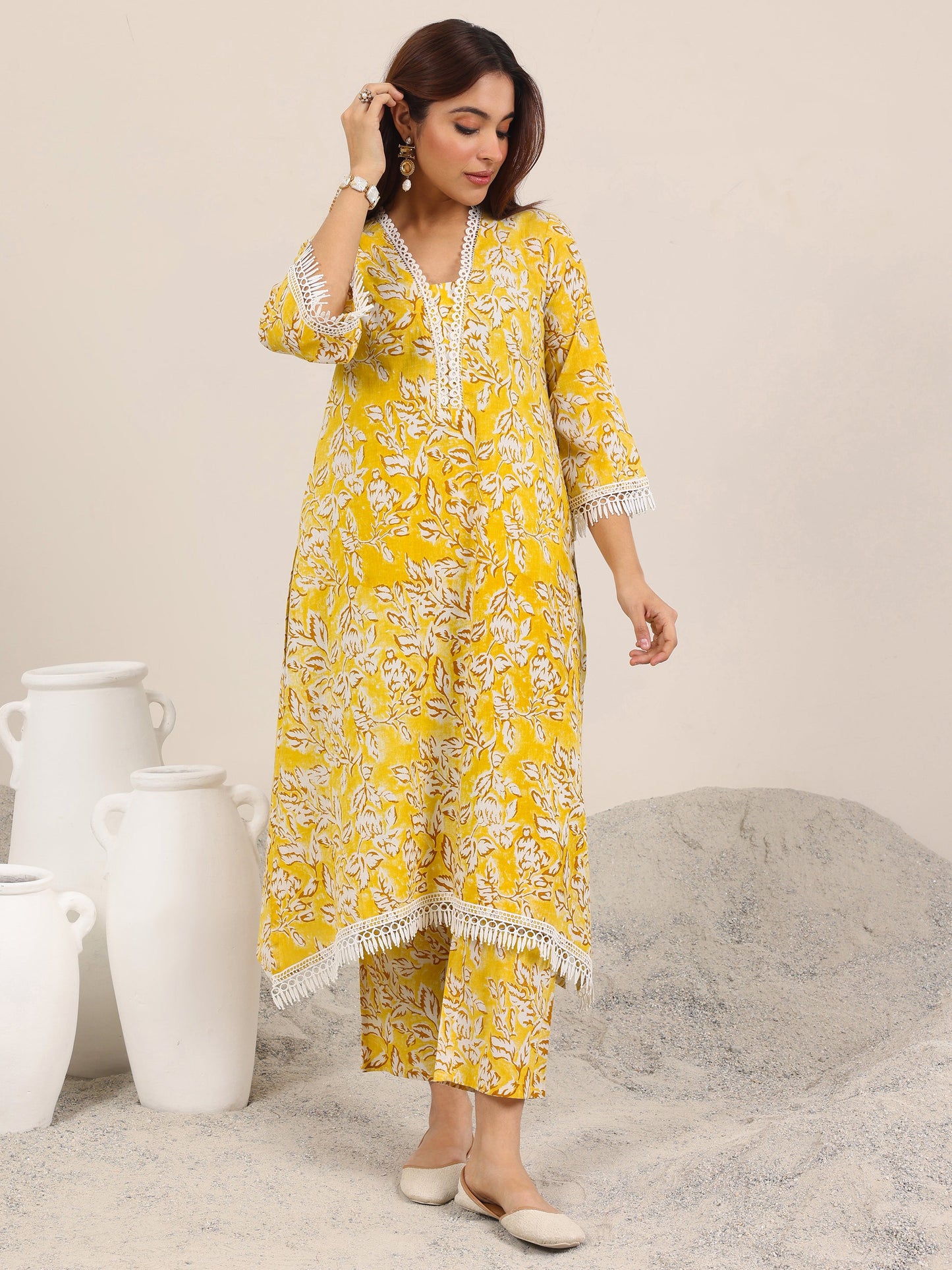 Mustard Printed Pure Cotton Straight Kurta Set