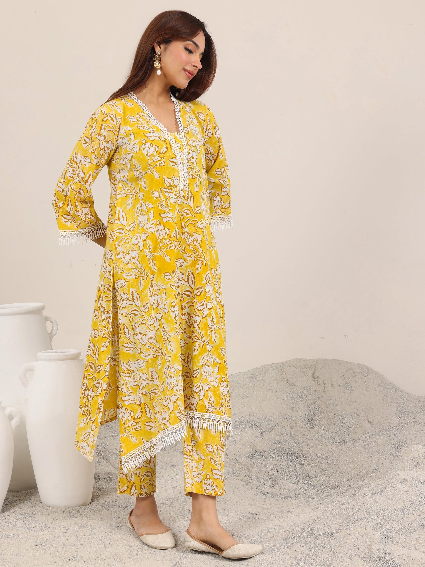 Mustard Printed Pure Cotton Straight Kurta Set