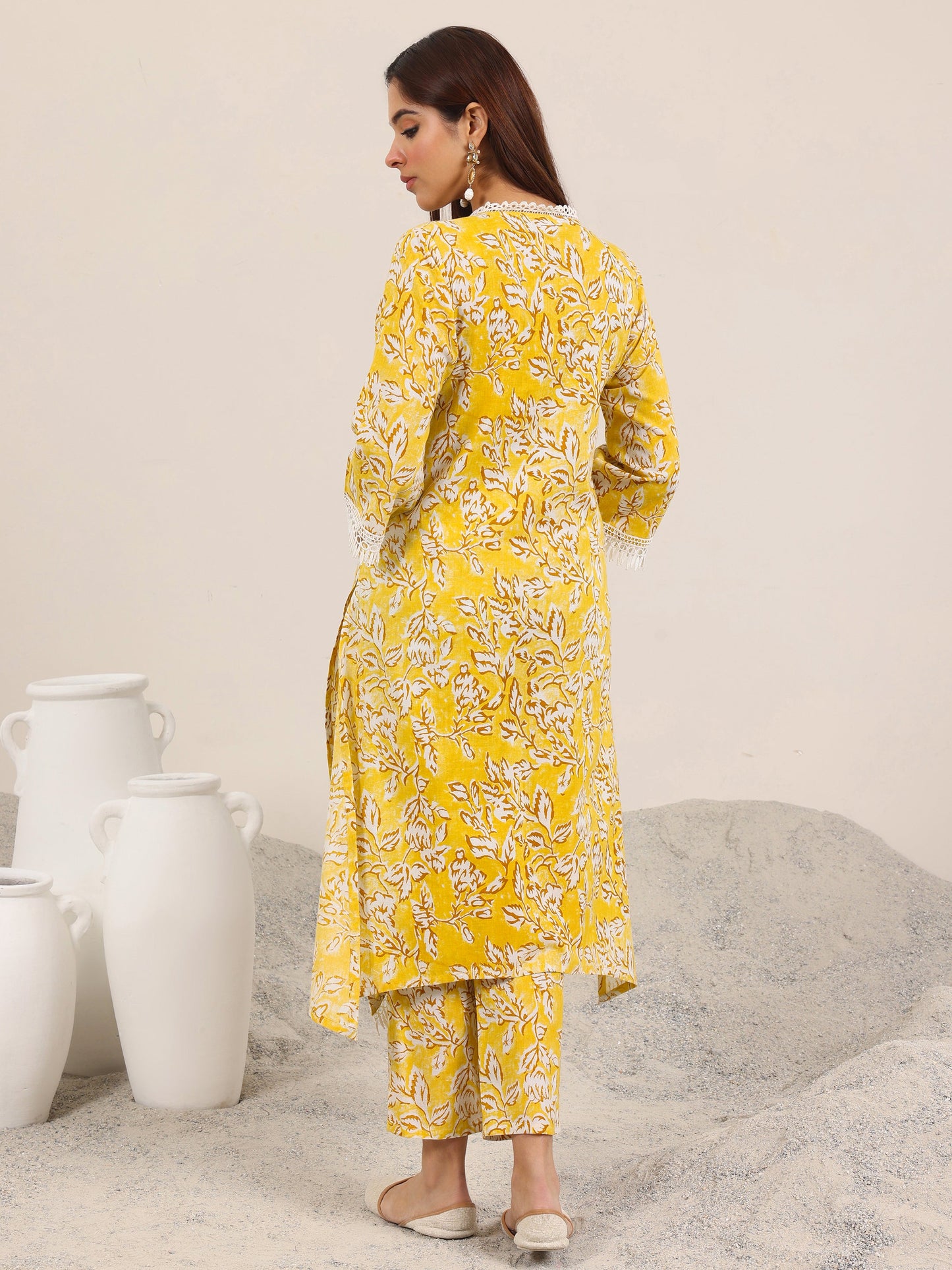 Mustard Printed Pure Cotton Straight Kurta Set