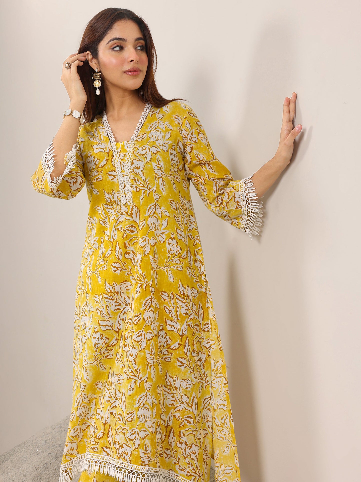Mustard Printed Pure Cotton Straight Kurta Set