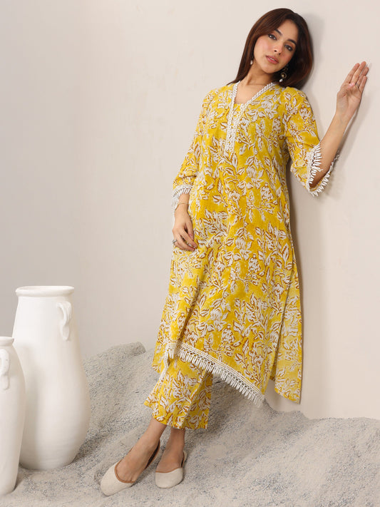 Mustard Printed Pure Cotton Straight Kurta Set