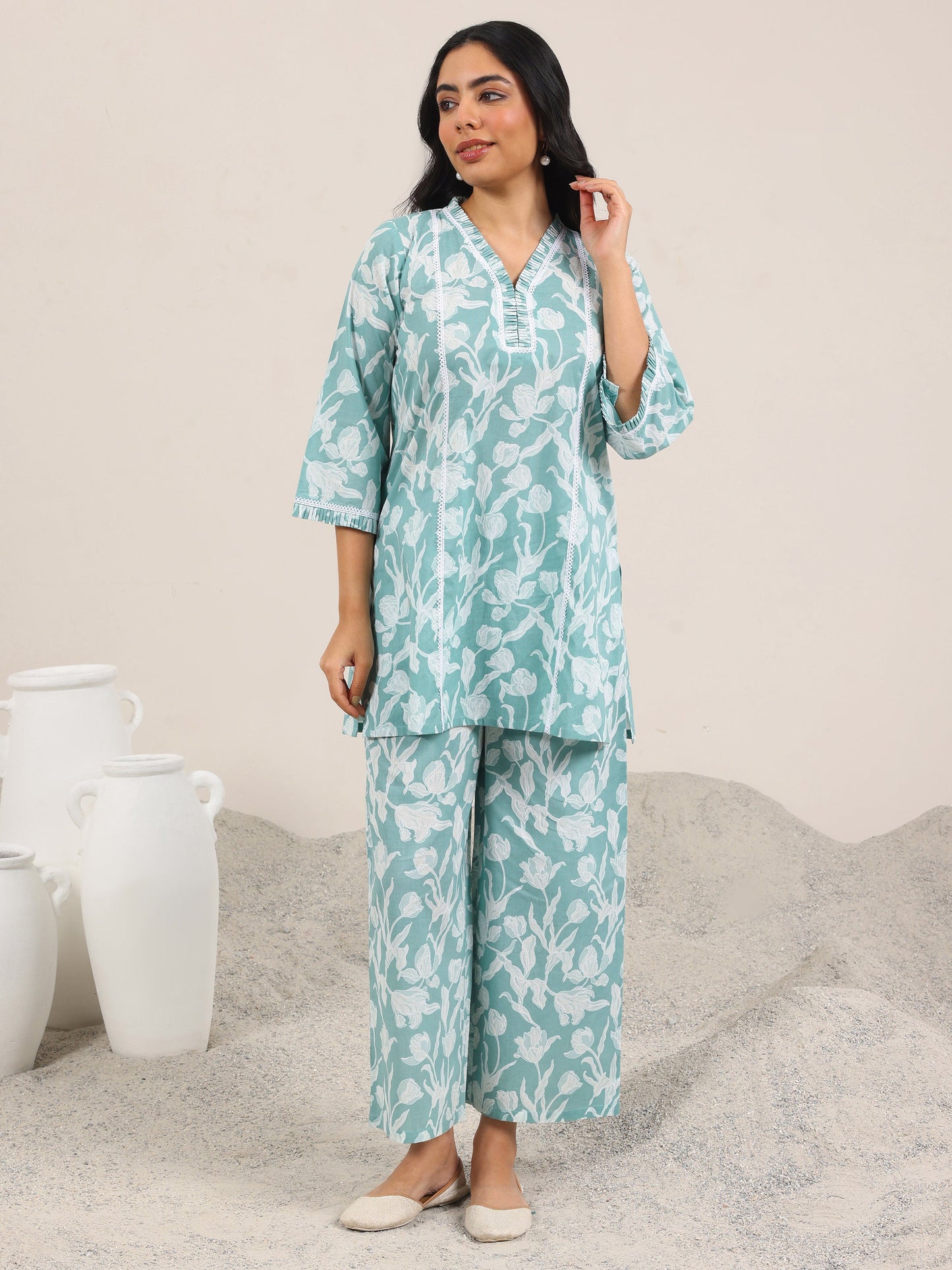 Green Printed Pure Cotton Co-Ord Sets