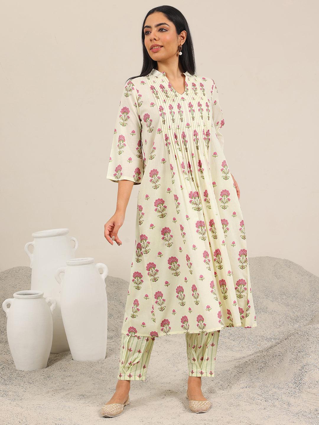Off White Printed Pure Cotton Straight Kurta Set
