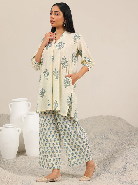 Off White Printed Pure Cotton Straight Kurta Set