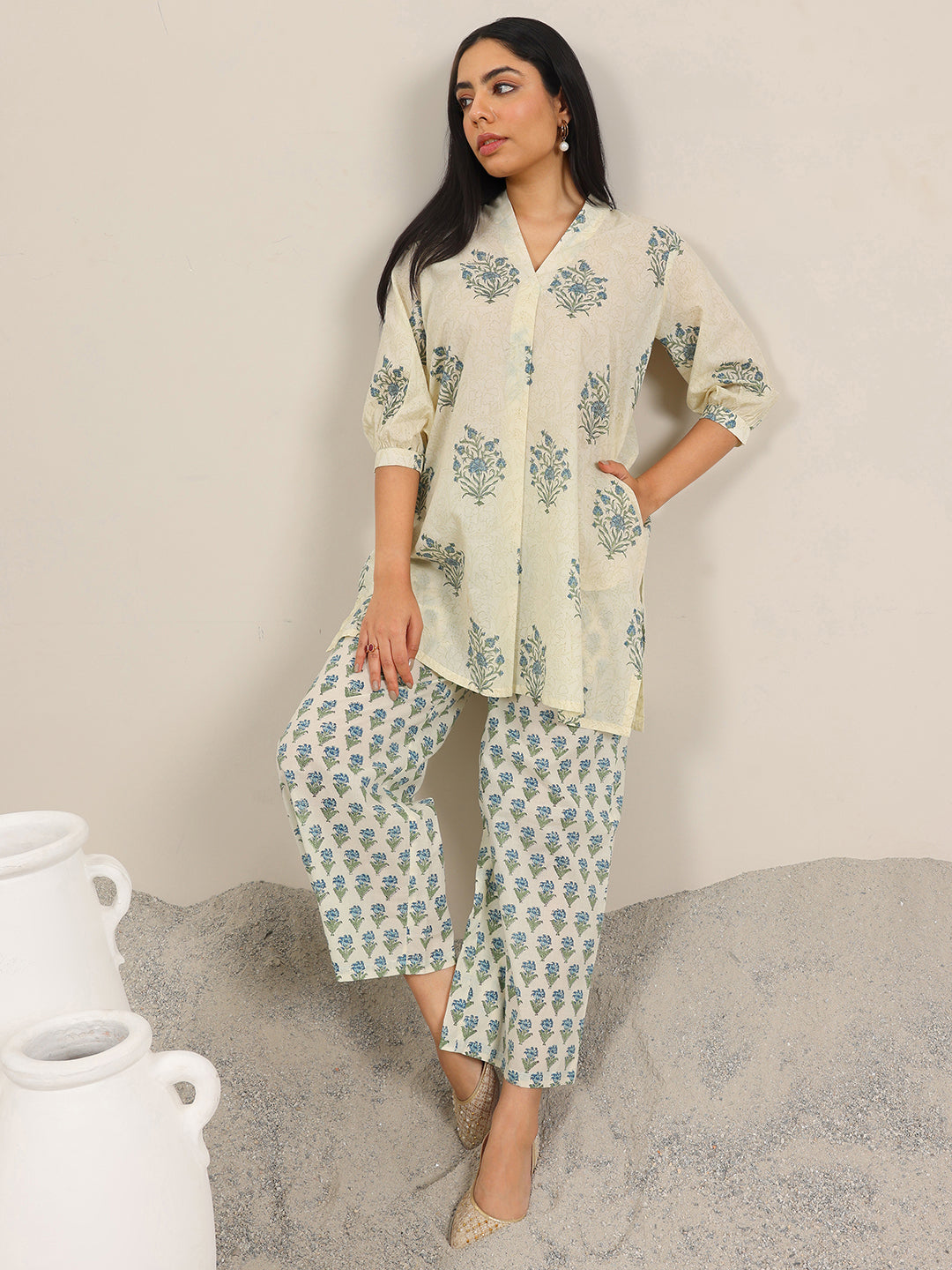 Off White Printed Pure Cotton Straight Kurta Set