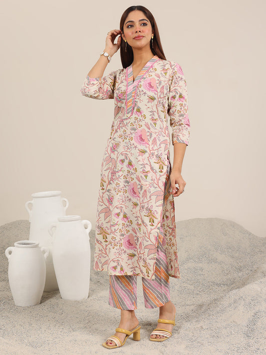 Off White Printed Pure Cotton Straight Kurta Set