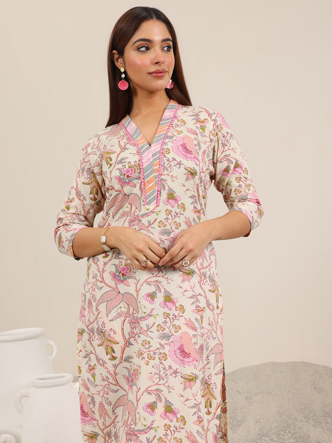 Off White Printed Pure Cotton Straight Kurta Set