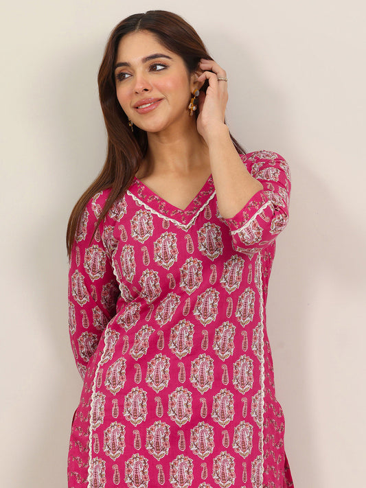 Pink Printed Pure Cotton Straight Kurta Set