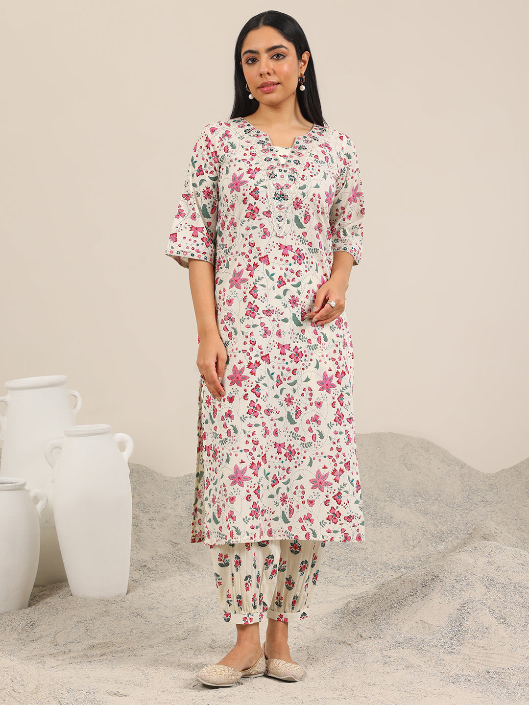 Off White Printed Cotton Straight Kurta Set