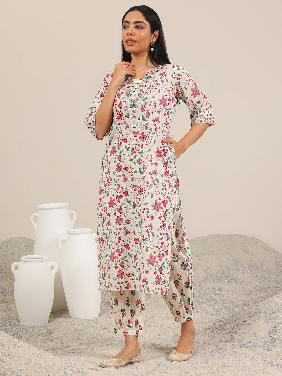 Off White Printed Cotton Straight Kurta Set