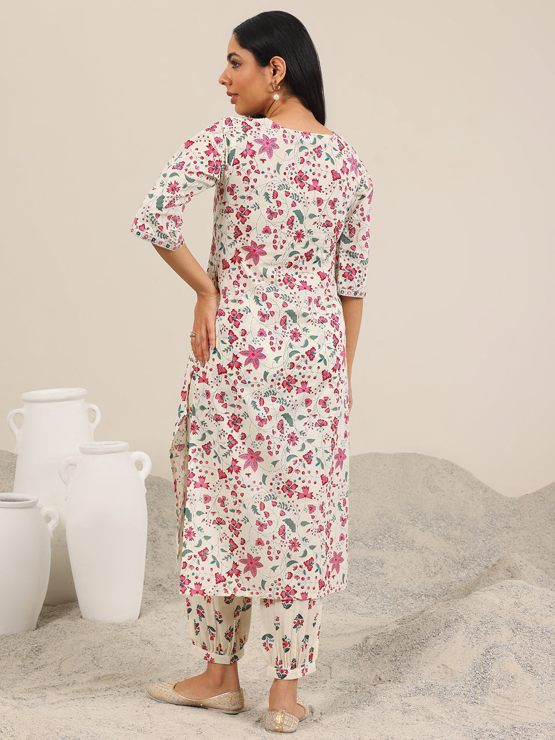 Off White Printed Cotton Straight Kurta Set