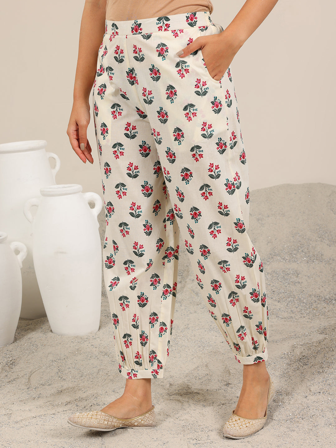 Off White Printed Cotton Straight Kurta Set