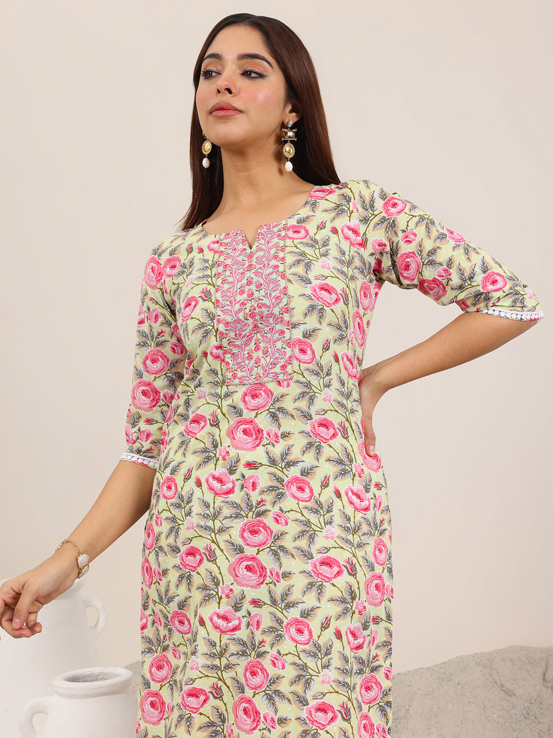 Green Printed Cotton Straight Kurta Set