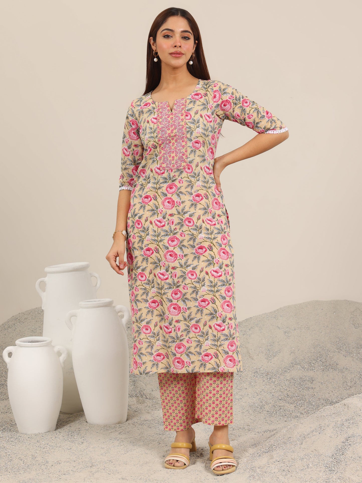 Beige Printed Cotton Straight Kurta Set