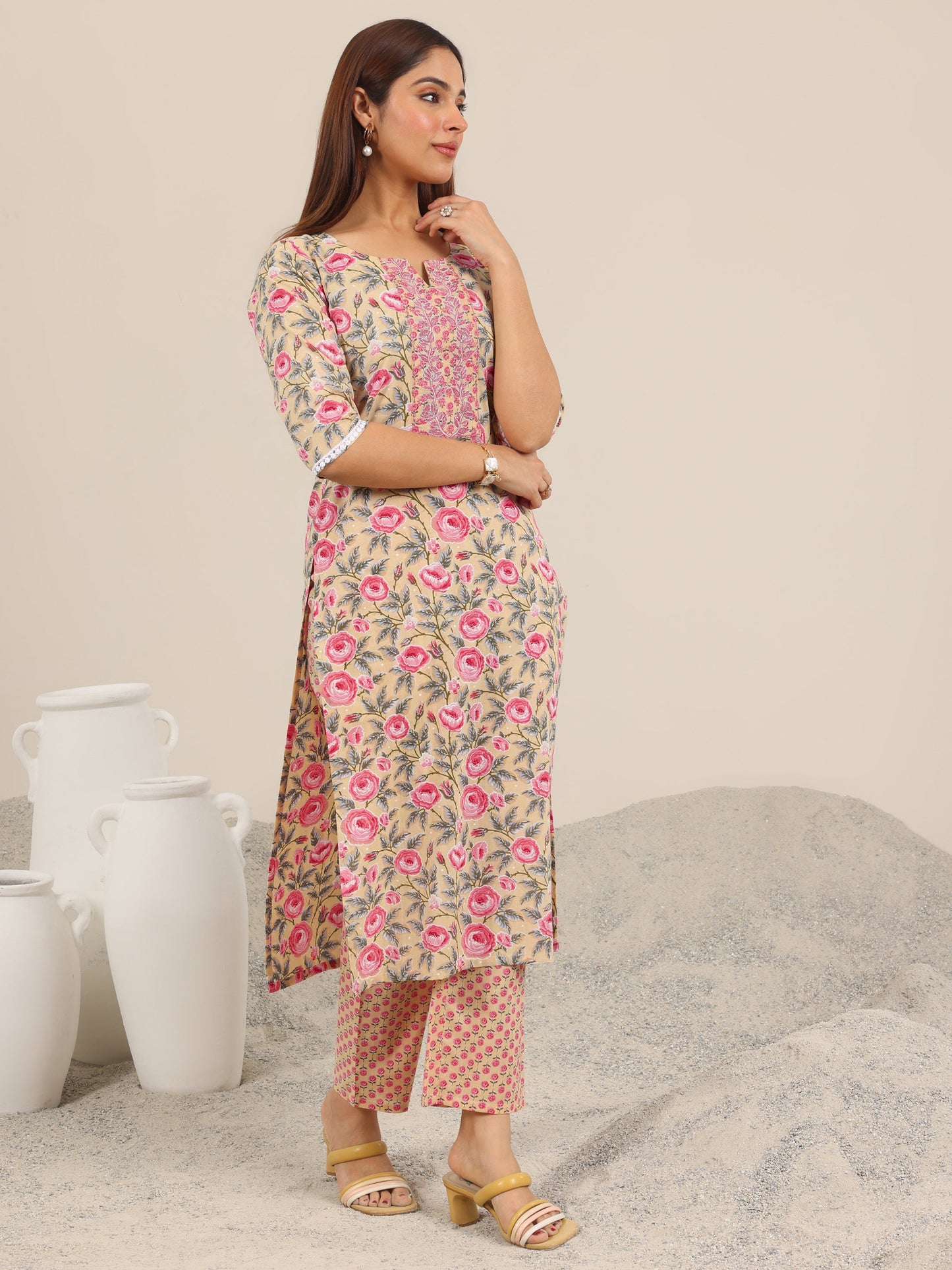 Beige Printed Cotton Straight Kurta Set